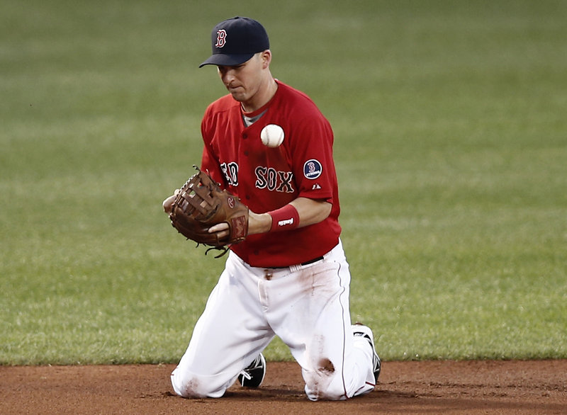 It was that kind of an ugly night, as Boston shortstop Stephen Drew bobbles a grounder – one of three Red Sox errors during a lackluster 10-3 loss to the Yankees.