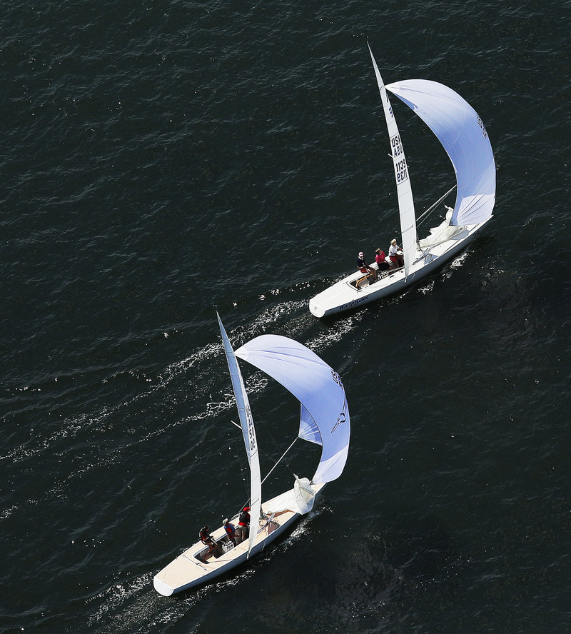 Two sailboats compete in the MS Regatta on Saturday.