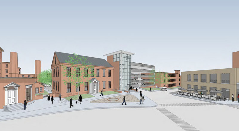 A drawing shows what the proposed municipal parking garage would look like at the corner of Main and York streets in downtown Biddeford.