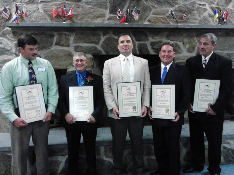 The 2013 inductees into the Maine Wrestling Hall of Fame, from left to right: Jon Kane, Rusty Smith, Maynard Pelletier, Dr. Thomas Ward and Douglas Gilbert.