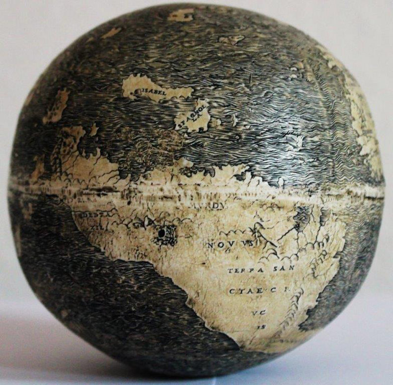 North America is depicted on a globe as a series of islands. The sphere is made of two conjoined ostrich eggs and is dated to 1504, making it the oldest in the world.