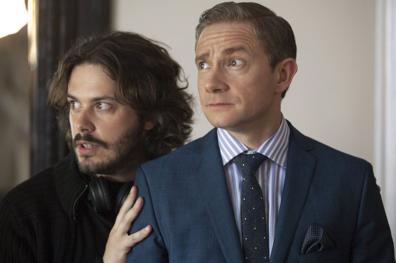 Director Edgar Wright positions Martin Freeman during shooting of a scene for “The World’s End.