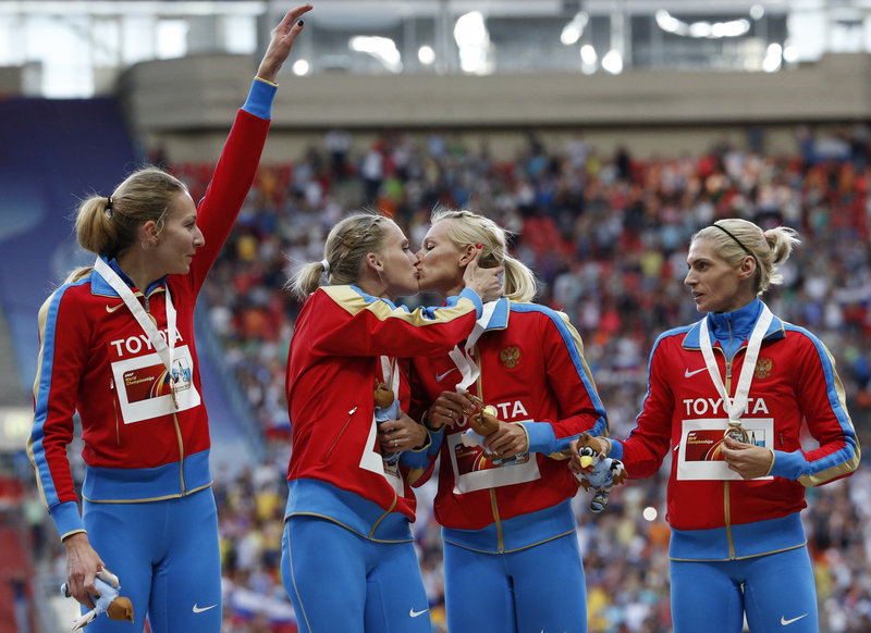 Perhaps as a gesture of gay-rights solidarity, two members of Russia's gold medal relay team kissed at the medal ceremony for the World Athletic Championships in Moscow on Aug. 17.