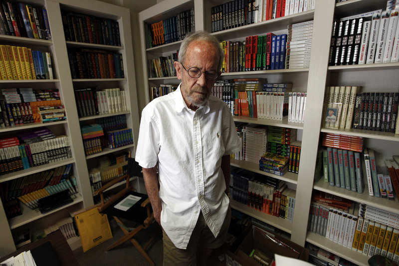 Author Elmore Leonard is seen in his Bloomfield Township, Mich., home last year. Leonard, who helped establish the genre of crime writing, died Tuesday at age 87.
