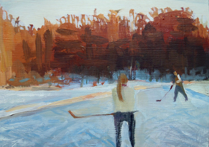 “Sunday Pond Hockey I,” oil on panel by Jessica Stammen.