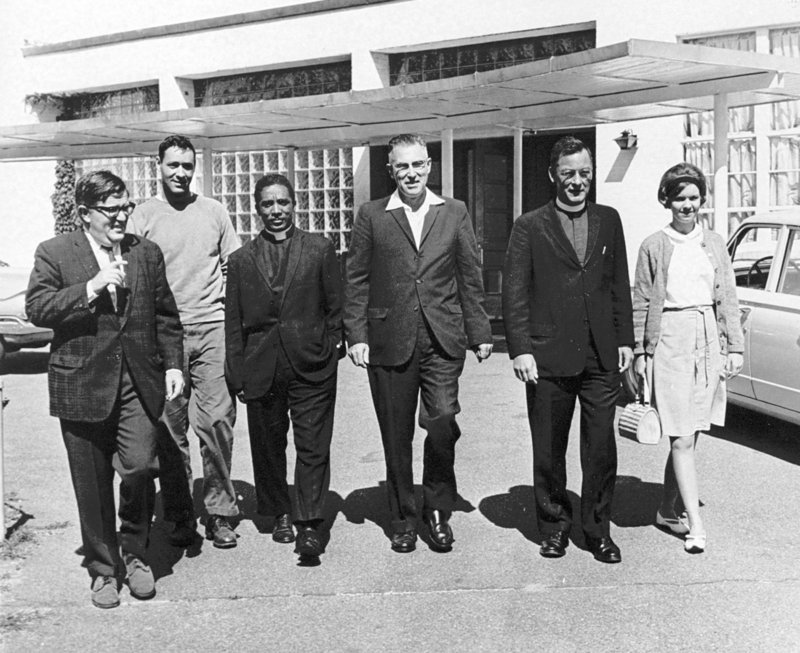Rabbi Harry Sky, left, Gerald Talbot, second from left, and other Maine civil rights activists prepare to board buses headed for the March on Washington in 1963. When Sky told his congregates in Portland about the planned march, they insisted that he participate and paid for his trip.