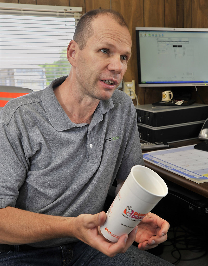 Ecomaine manager John Morin says the Portland waste management company would be able to recycle the new Dunkin’ Donuts cup, despite a thin coating on the inside.