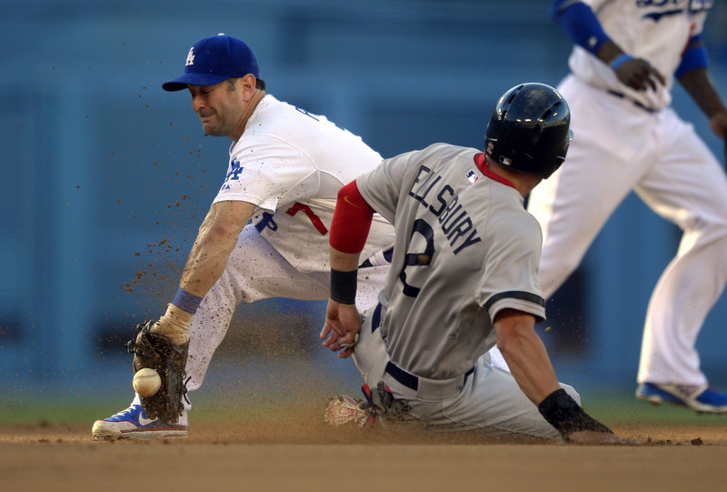 Jacoby Ellsbury slides into second with a stolen base as his former teammate, Dodgers shortstop Nick Punto, fields the throw. Ellsbury leads the majors with 47 steals.