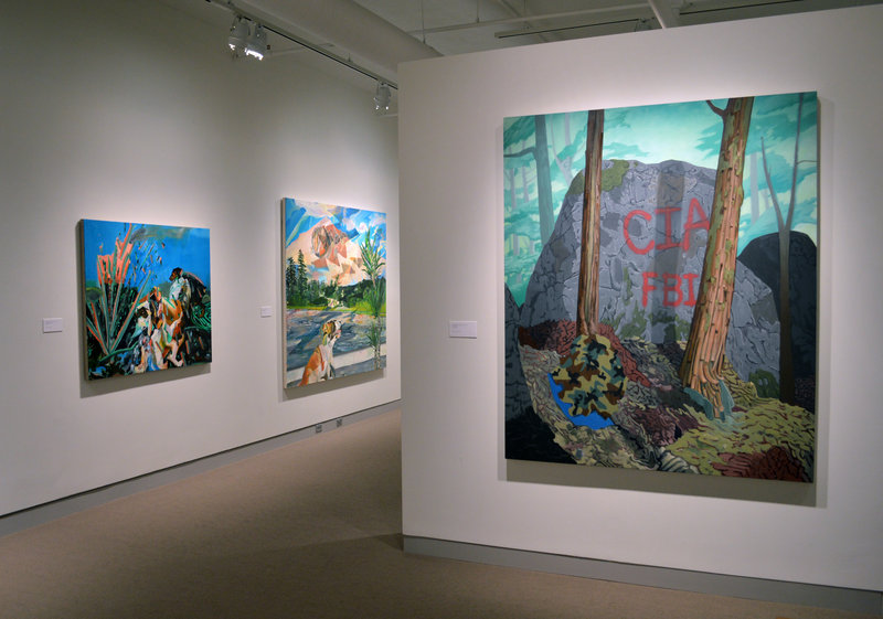 Works from “Travel in My Borrowed Lives” by Sean Downey, near left, and Rachelle Agundes, continuing with “Monhegan: A New Perspective,” paintings by Emily Trenholm, and “Three Chords,” paintings by Joanne Freeman, through Sept. 21 at the University of Maine Museum of Art in Bangor.