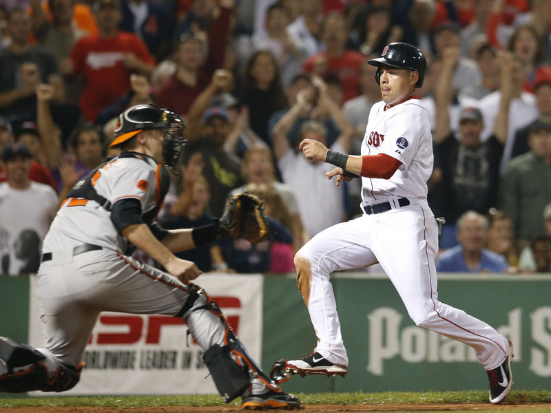 Jacoby Ellsbury races home to score the tying run in the seventh inning as Orioles catcher Matt Wieters waits for a throw.
