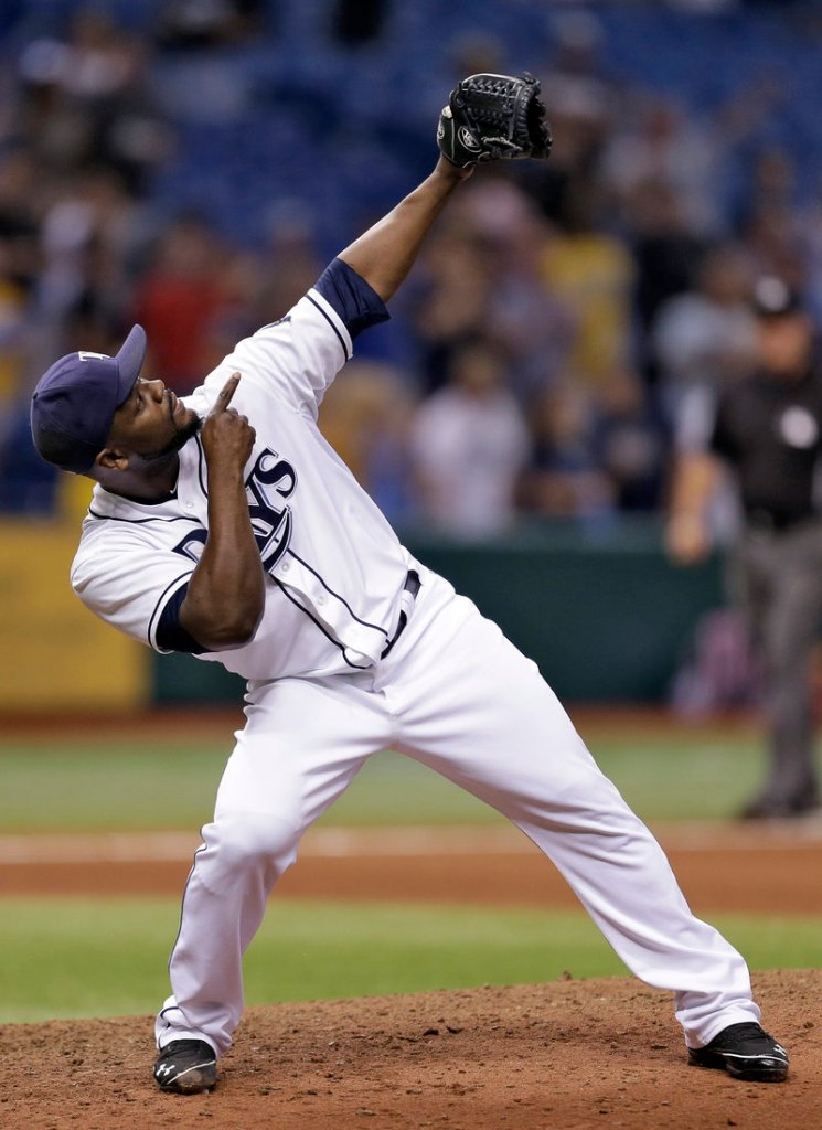 Fernando Rodney celebrates after saving Tampa Bay’s 4-1 win over the Angels Wednesday night in St. Petersburg, Fla.