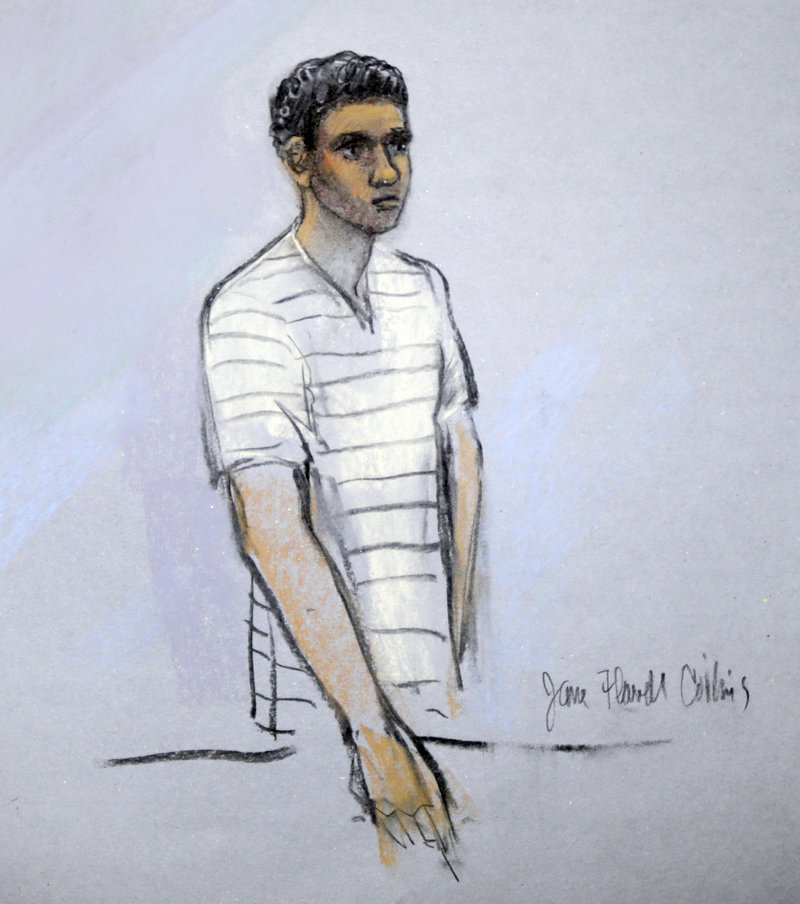 In this Wednesday, May 1, 2013 file photo of a courtroom sketch, Robel Phillipos appears in federal court, in Boston. Phillipos, a friend of Boston Marathon bombing suspect Dzhokhar Tsarnaev, was indicted Thursday, Aug. 29, 2013, for allegedly making false statements to authorities. Prosecutors said he faces up to 16 years in prison in connection with two federal criminal counts. (AP Photo/Jane Flavell Collins)