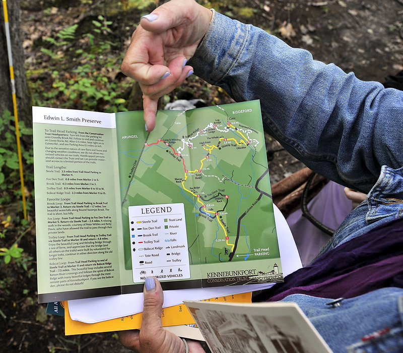 A brochure provided by the Kennebunkport Conservation Trust shows where the Trolley Trail hooks up with the Smith Preserve’s trails.