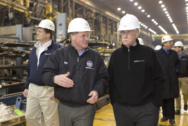In this February 2013 file photo, Bath Iron Works president Jeff Geiger talks with U.S. Sen. Angus King during a tour of the shipbuilding plant. Geiger has been named president of Electric Boat effective Nov. 4. Both companies are divisions of General Dynamics.  