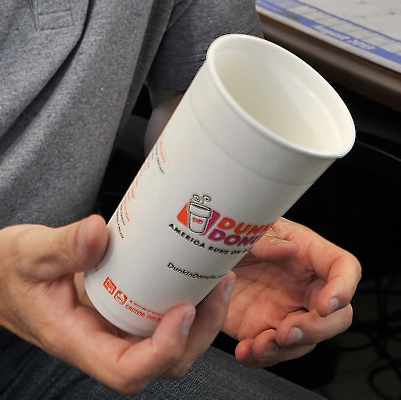 Dunkin' Donuts shops in Freeport and Brookline, Mass., have rolled out new paper cups designed to mimic plastic foam. The Portland City Council withdrew a controversial proposal late Monday, Sept. 16, 2013 that would ban the use of plastic foam containers for retail food sales and service.