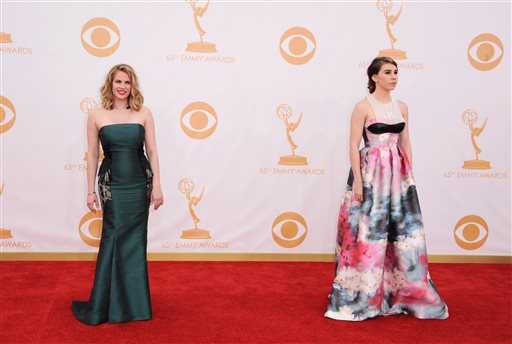 Anna Chlumsky and Zosia Mamet, right, arrive at the 65th Primetime Emmy Awards at Nokia Theatre on Sunday in Los Angeles.