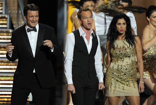 Nathan Fillion, Neil Patrick Harris, and Sarah Silverman perform on stage at the 65th Primetime Emmy Awards on Sunday.