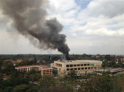 Heavy smoke rises from the Westgate Mall after a series of explosions, in Nairobi, Kenya, on Monday.