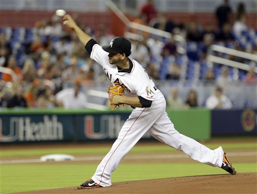 Miami Marlins' Henderson Alvarez pitches against the Detroit Tigers in the first inning of an interleague baseball game, Sunday, Sept. 29, 2013, in Miami. Alvarez threw a no-hitter in the Marlins 1-0 win. (AP Photo/Alan Diaz)