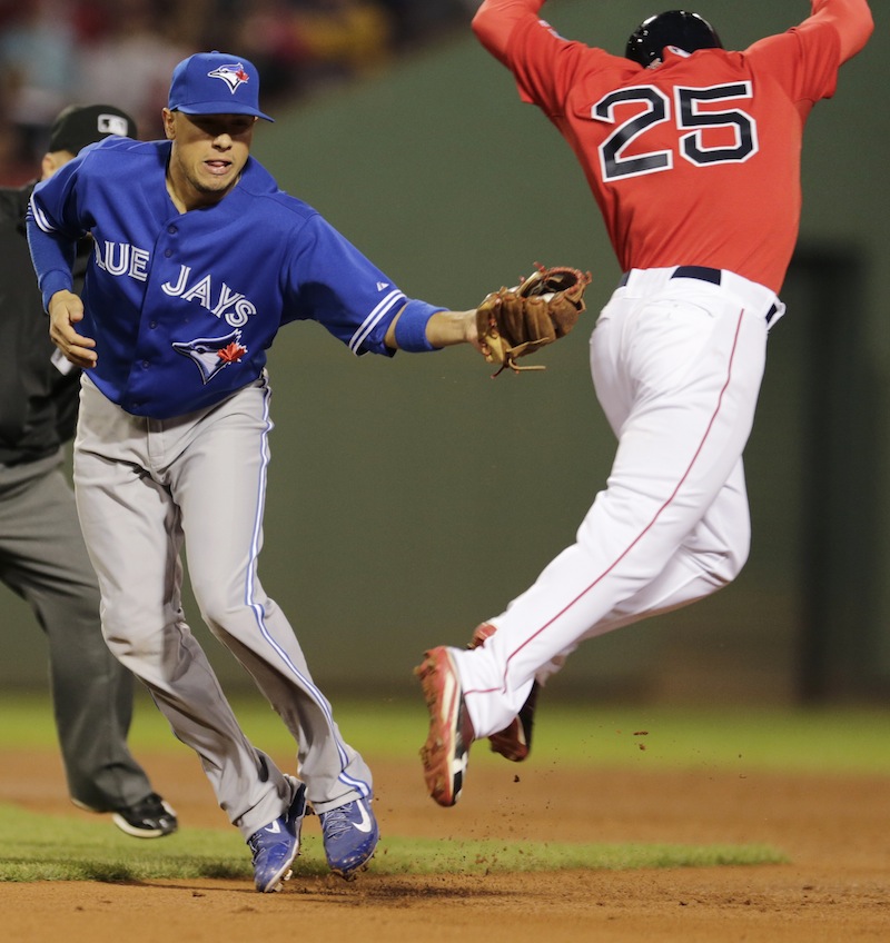 Jackie Bradley Jr., right, tries to elude a tag by Toronto Blue Jays second baseman Ryan Goins, who made the play.