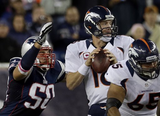 In this October 2012 file photo, New England Patriots defensive end Rob Ninkovich (50) closes in to strip the ball from Denver Broncos quarterback Peyton Manning (18). Ninkovich has 19 sacks over the past three-plus season. (AP Photo/Elise Amendola)