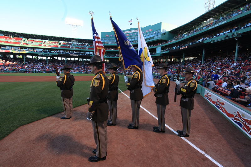 The Cumberland County Sheriff's Office honor guard performs June 4 at Fenway Park on Boston.