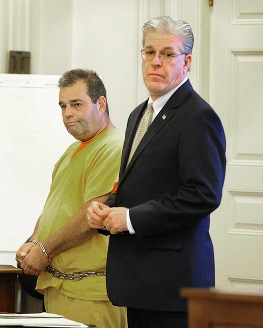 David Labonte stands with his attorney William Trafidlo during his initial appearance in the York County Superior Court in Alfred on Aug. 12, 2013. Labonte struck a family of three with his truck in Biddeford esulting in the death of the father. He is charged of manslaughter and drunken driving.