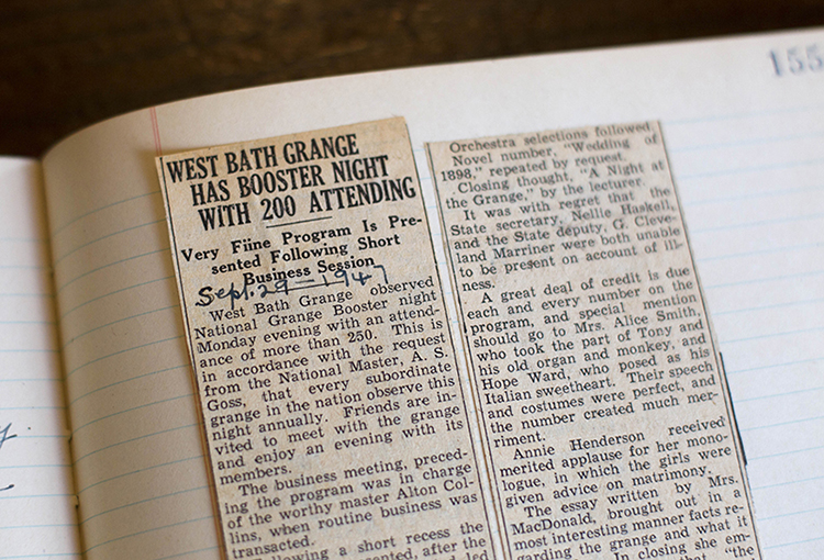 The headline of a newspaper clipping from 1957 reports a large attendance for a function held at the West Bath Grange. Granges are the nation’s oldest farm and rural public interest organization and once had more than 60,000 members in Maine. Now there are about 135 community granges with less than 5,000 members.