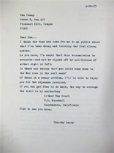 This photo provided by the New York Public Library shows Timothy Leary's April 20, 1975, letter to friend Ken Kesey, written from inside California State Prison in Folsom, where Leary was serving time on drug charges.