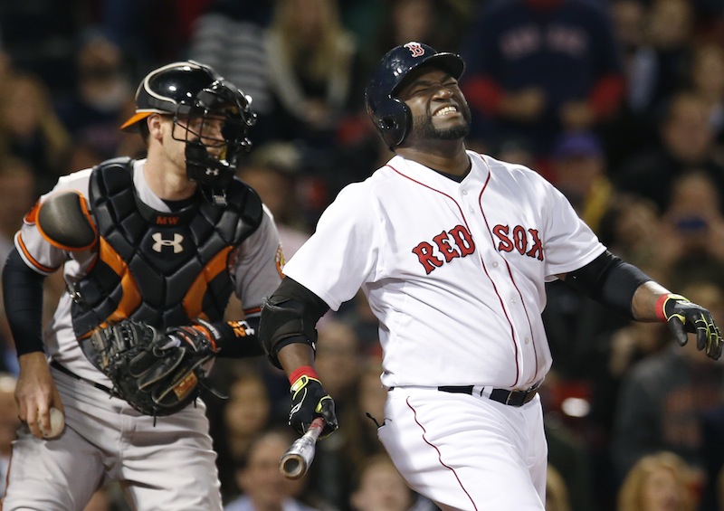 Boston Red Sox designated hitter David Ortiz grimaces as he strikes out swinging while Baltimore Orioles catcher Matt Wieters holds the ball in the eighth inning of a baseball game at Fenway Park in Boston, Tuesday, Sept. 17, 2013. (AP Photo/Elise Amendola) Fenway Park