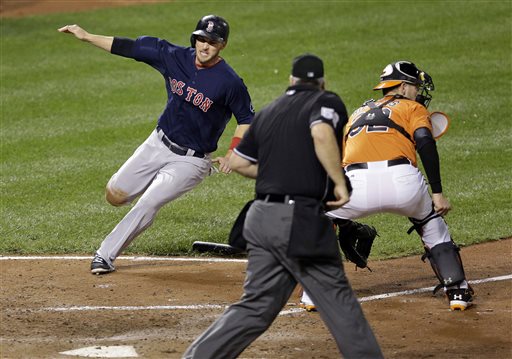 Boston Red Sox' Stephen Drew, left, runs past Baltimore Orioles catcher Matt Wieters to score a run on a single by Dustin Pedroia as home plate umpire Bill Welke watches in the fifth inning of a baseball game, Saturday, Sept. 28, 2013, in Baltimore. (AP Photo/Patrick Semansky)