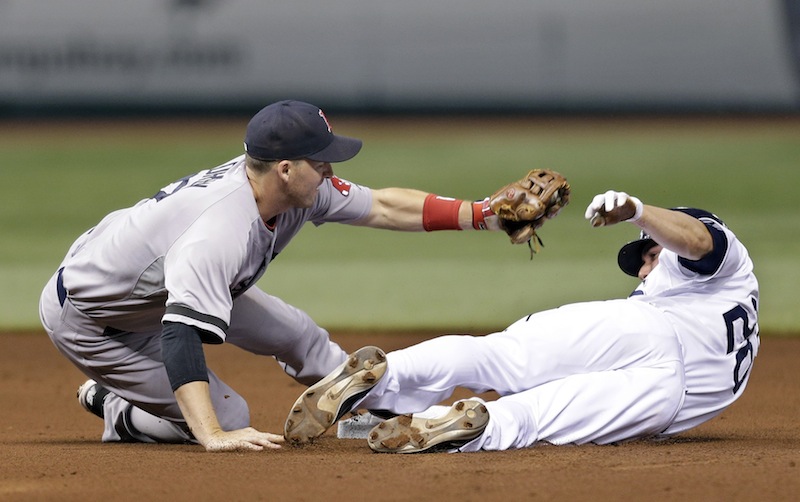 Boston Red Sox shortstop Stephen Drew tags out Tampa Bay Rays' Matt Joyce attempting to steal second base during the fourth inning Tuesday.