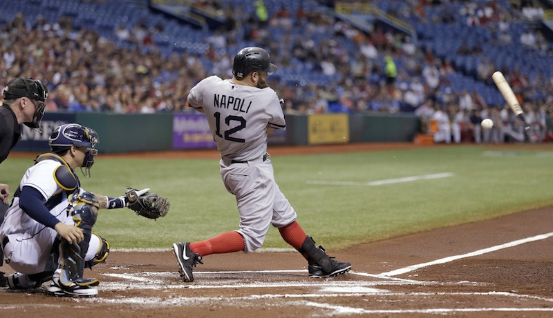 Boston's Mike Napoli breaks his bat as he grounds out to Tampa Bay Rays shortstop Yunel Escobar in the first inning Thursday in St. Petersburg, Fla.