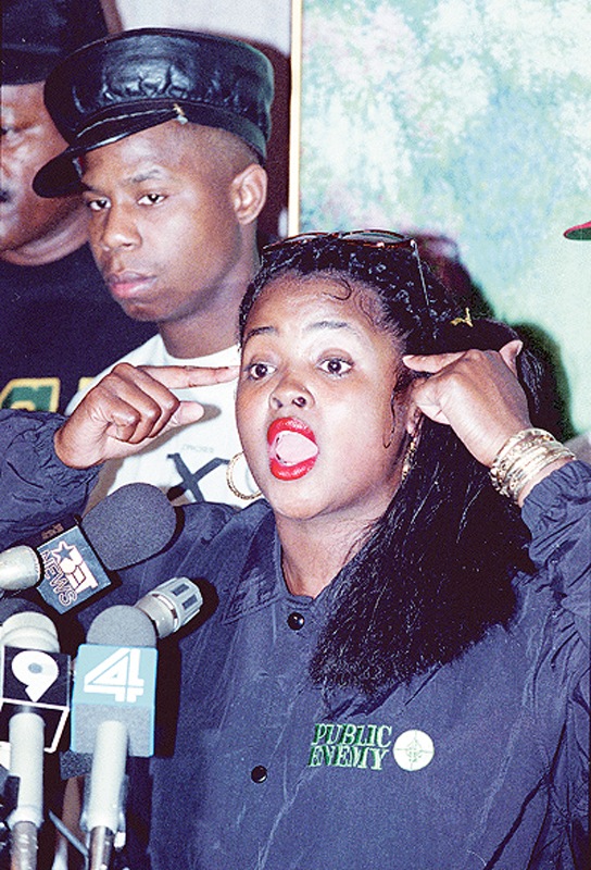Rap artist Sister Souljah, seen at a 1992 news conference, made claims that then-presidential candidate Bill Clinton wasn’t in touch with the problems of black America.