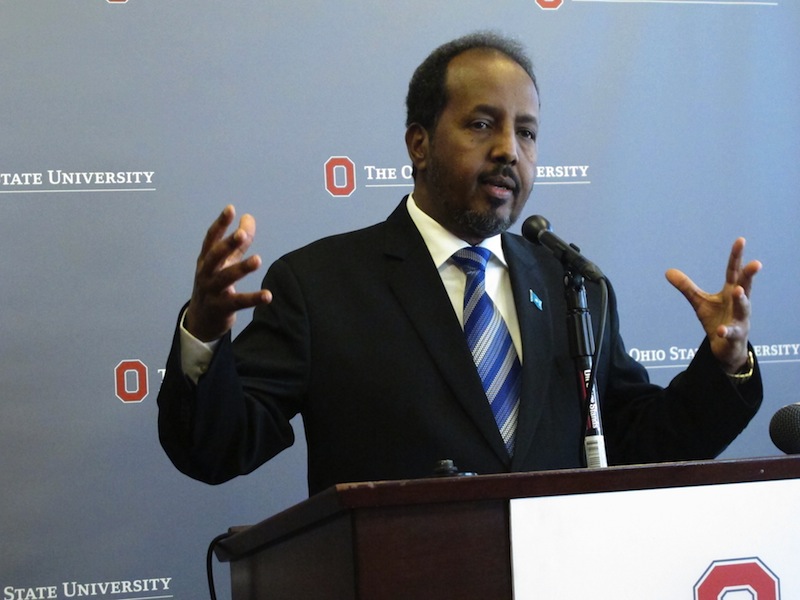 Somali President Hassan Sheikh Mohamud discusses security and political issues in Somalia, during a question and answer session after a speech on Monday, Sept. 23, 2013, in Columbus, Ohio. Mohamud says maintaining security is his government's top goal. (AP Photo/Andrew Welsh-Huggins)