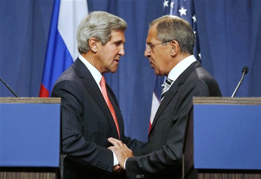 U.S. Secretary of State John Kerry, left, and Russian Foreign Minister Sergei Lavrov shake hands Saturday after making statements at a news conference following meetings regarding Syria in Geneva, Switzerland. :rel:d:bm:GF2E99E0UWF01