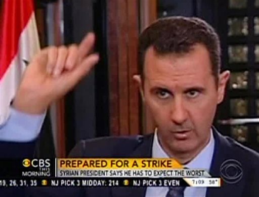 In this frame grab from video provided by "CBS This Morning," Syrian President Bashar Assad responds to a question from journalist Charlie Rose during an interview in Damascus, Syria.