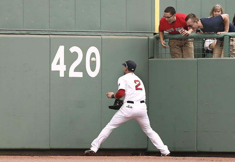 As fans look on, Boston Red Sox centerfielder Jacoby Ellsbury plays the ball off the wall in the deepest part of the park on a RBI triple by Detroit Tigers' Andy Dirks during the seventh inning at Fenway Park on Monday.