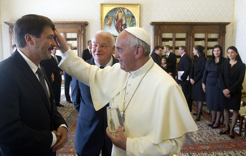 Pope Francis meets Hungary's President Janos Ader during a private audience at the Vatican on Friday.