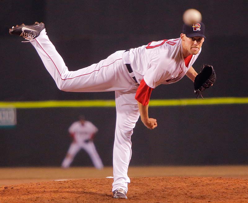 Former Red Sox reliever Daniel Bard pitches for the Sea Dogs in April at Hadlock Field. Bard was designated for assignment by the Red Sox on Sunday.