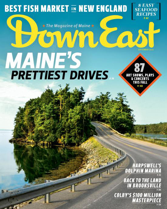 The cover of the September issue of Down East magazine shows the scenic drive over the bridge to Orr’s Island – without utility wires.