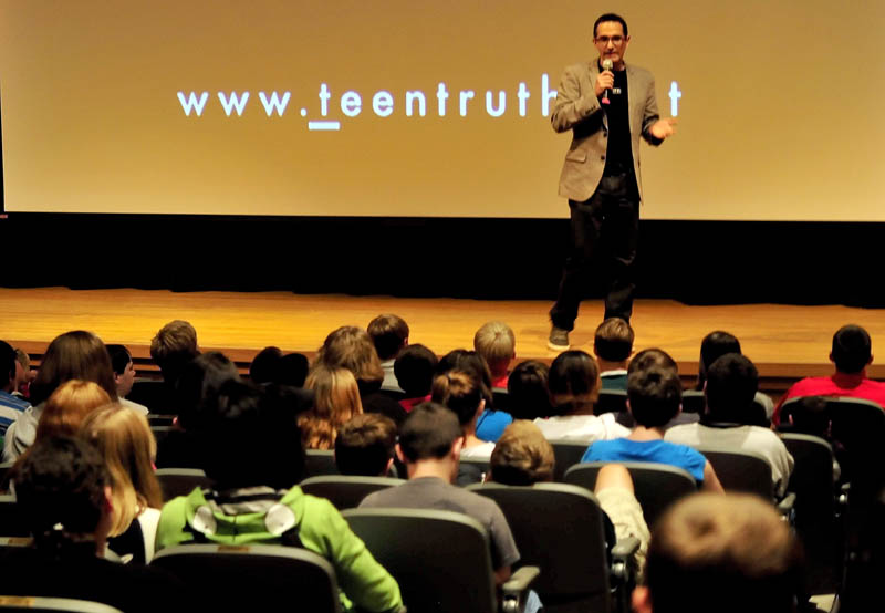 Presenter Erahm Christopher of the Teen Truth organization delivers his anti-bullying message to Mount View Middle School students in Thorndike on Monday, Sept. 23, 2013.