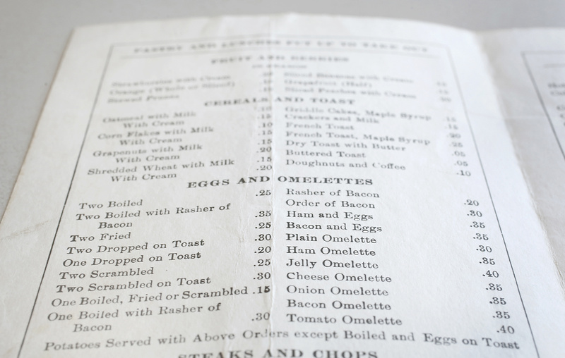 The menu from Elder’s Lunch at 71 Oak St. in Portland shows how the price of breakfast has changed over the years (bacon omelette, 35 cents, for example.)