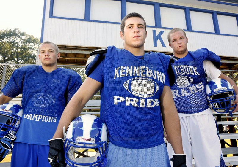 Kennebunk’s bid for a successful season will be focused around its three captains: left to right are running back Tyler Elkington, running back Nicco DeLorenzo and lineman Ben Bath.
