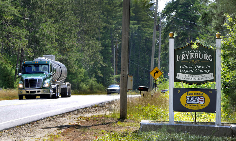 A Poland Spring truck heads south on Route 302. Fryeburg’s quality water is the result of quartz-rich geology and clean runoff.