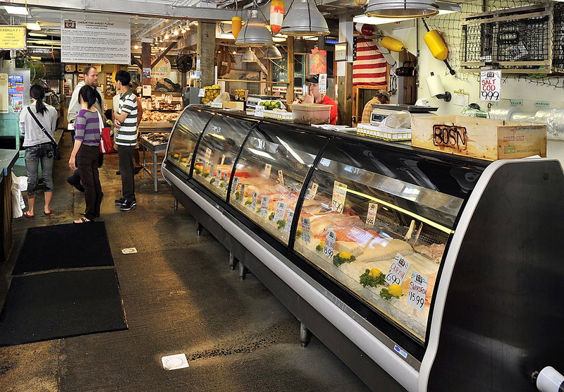 One of the large coolers displaying fresh seafood on the floor of Harbor Fish Market.