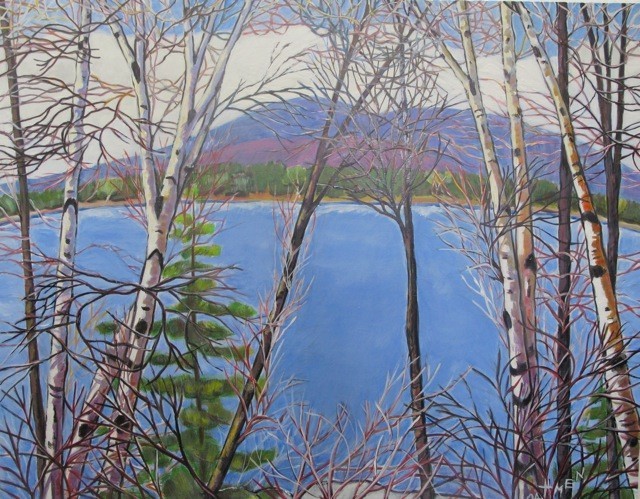 “Maine Blue,” acrylic by Jane Dahmen, from “Through the Trees,” the exhibition of her work continuing through Sept. 28 at Gleason Fine Art in Portland. A reception will be held from 5 to 8 p.m. Friday.