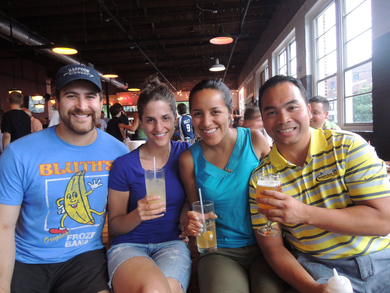 Portlanders Andrew Vellani, Tara Hilt, Claudia Marvoquin, and Truc Huynh enjoy drink specials such as the Fig Whittler at the pre-opening party for Salvage BBQ.
