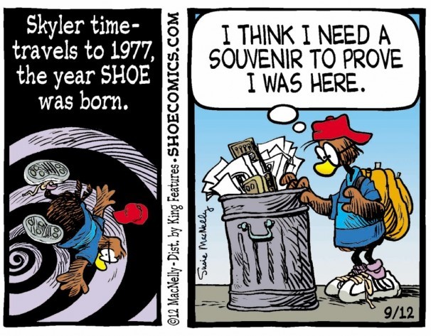 A character from “Shoe” takes part in a 2012 retrospective. Criticism of a decision to add this and other strips to the Sunday Telegram comics section led to a spirited defense of the strips.