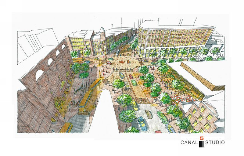 A view of Congress Square from Canal 5 Studio, the architects who are formally working with Rockbridge to develop a new event space adjacent to the hotel, shows narrower streets, outdoor cafe tables and a 2-way High Street.